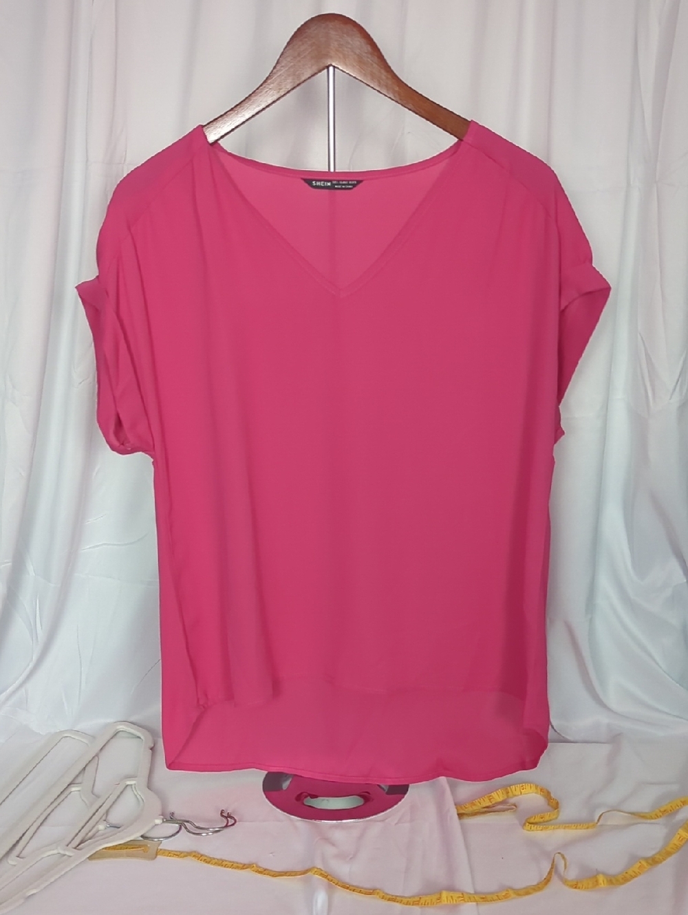 SHEIN Bright Pink V-Neck Short Sleeve Blouse